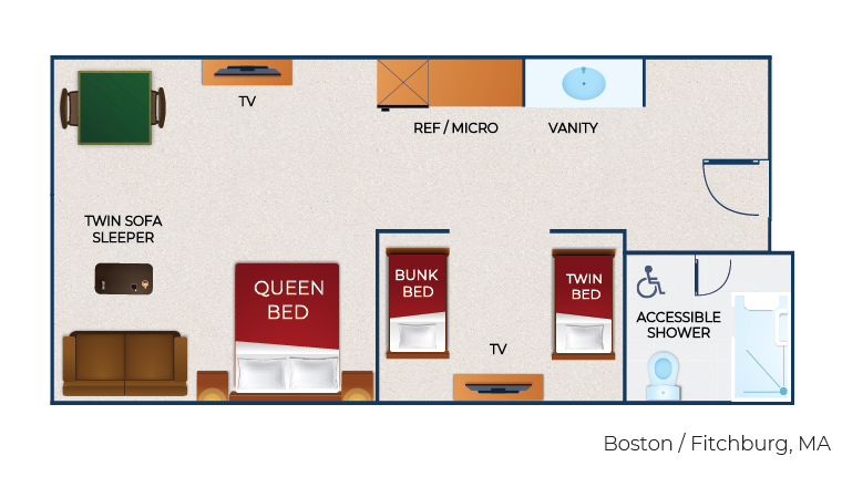 The floor plan for the accessible shower Junior Cabin Suite